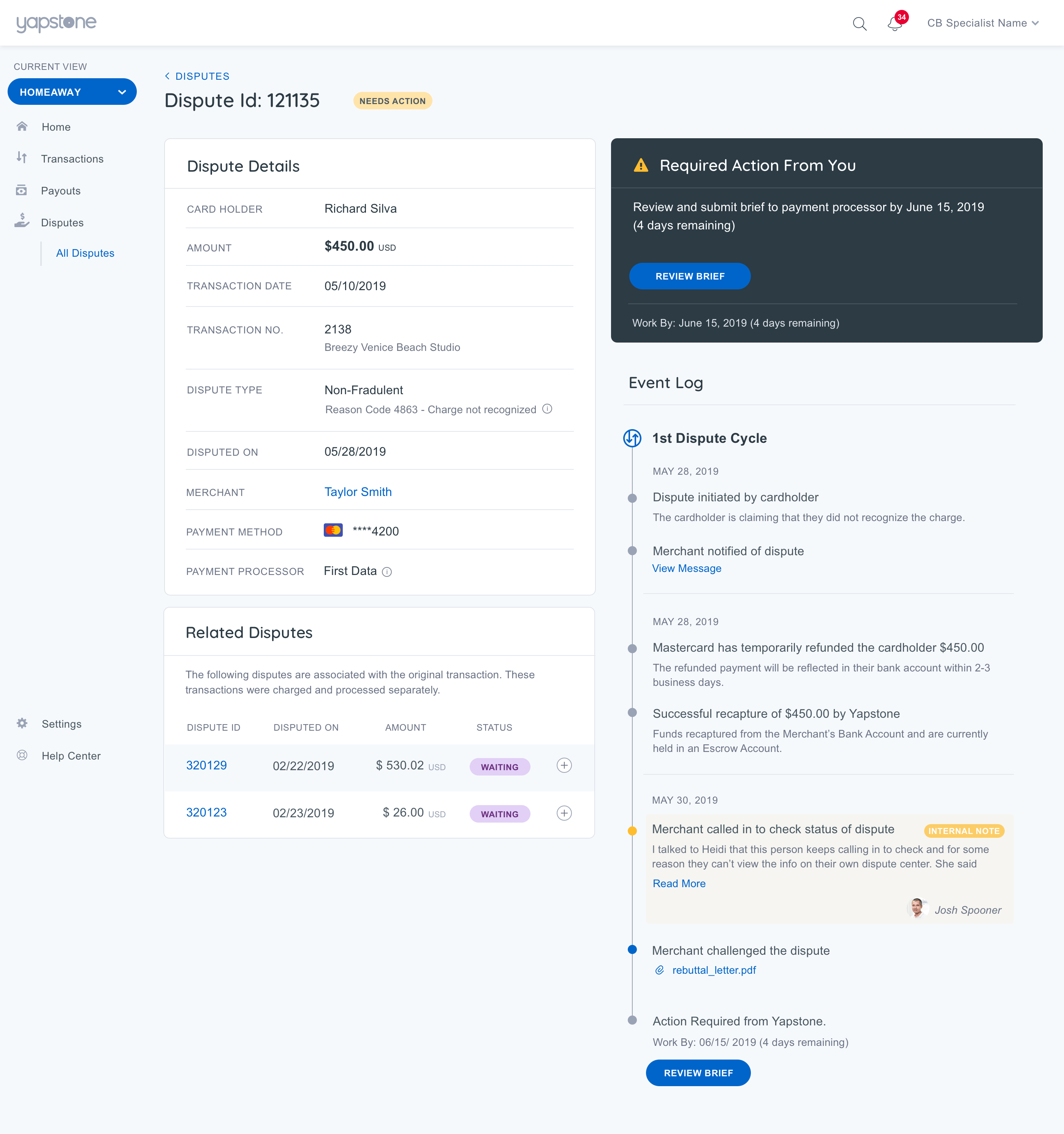 Screenshot of Yapstone's Dispute Center