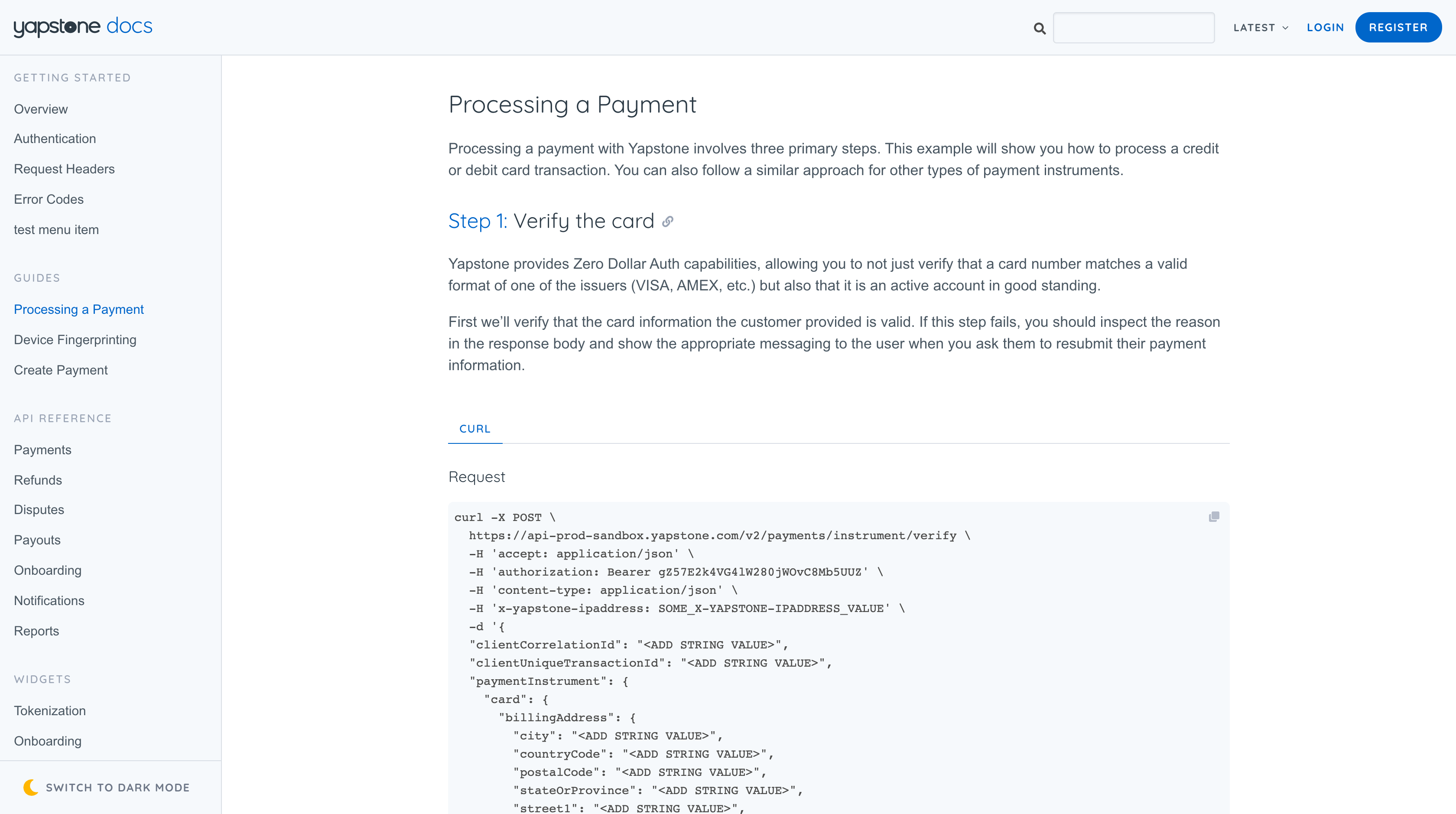 Screenshot of Yapstone's Developer Portal
